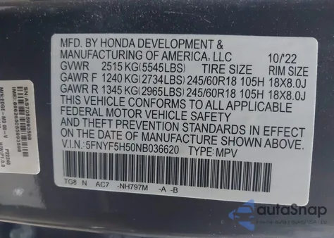 2022 Honda Pilot 2Wd Ex-L из США, поврежденный, VIN 5FNYF5H50NB036620